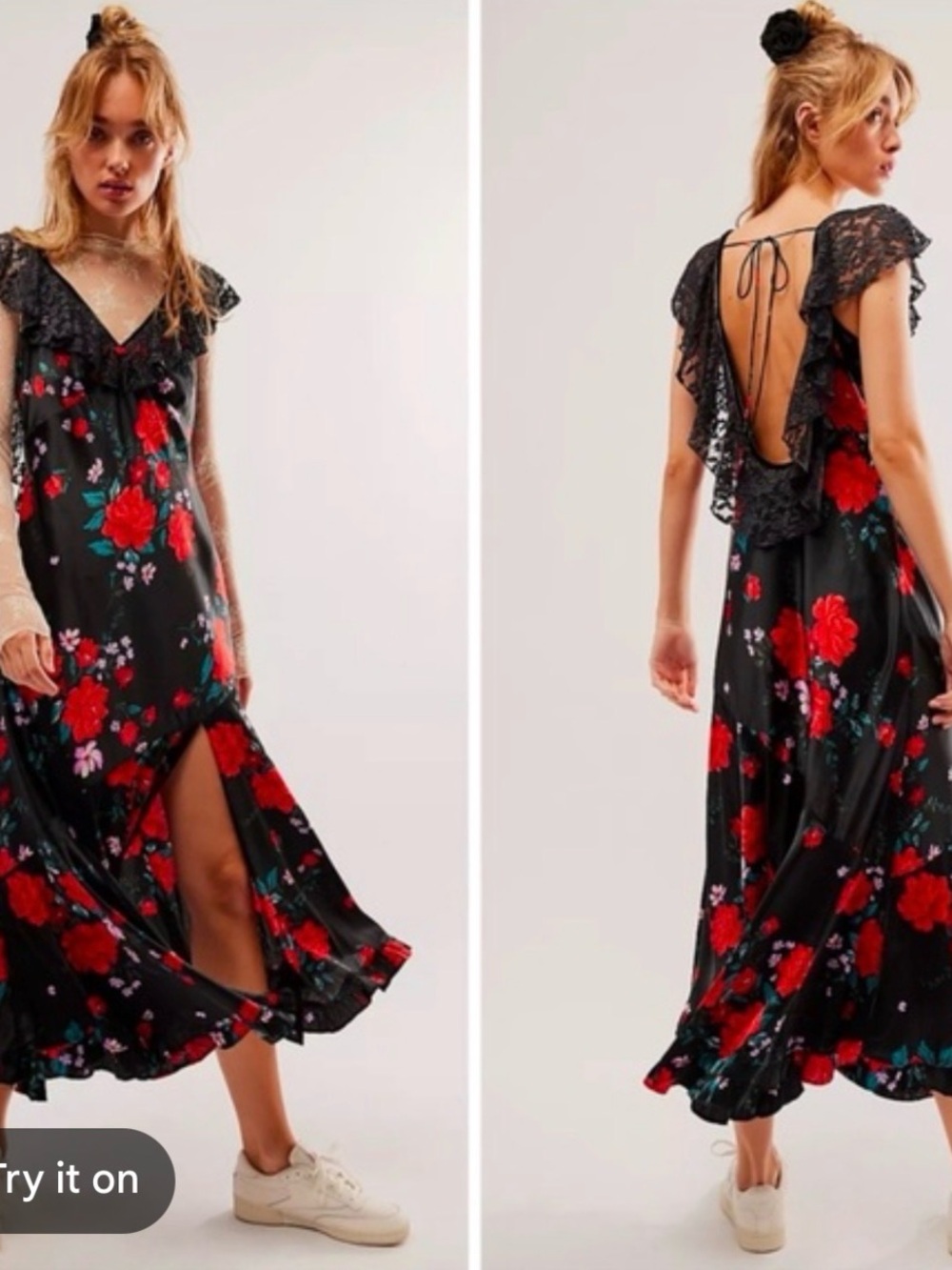 Free people warm hearts red rose Black Red Floral Lace-Back Maxi Dress